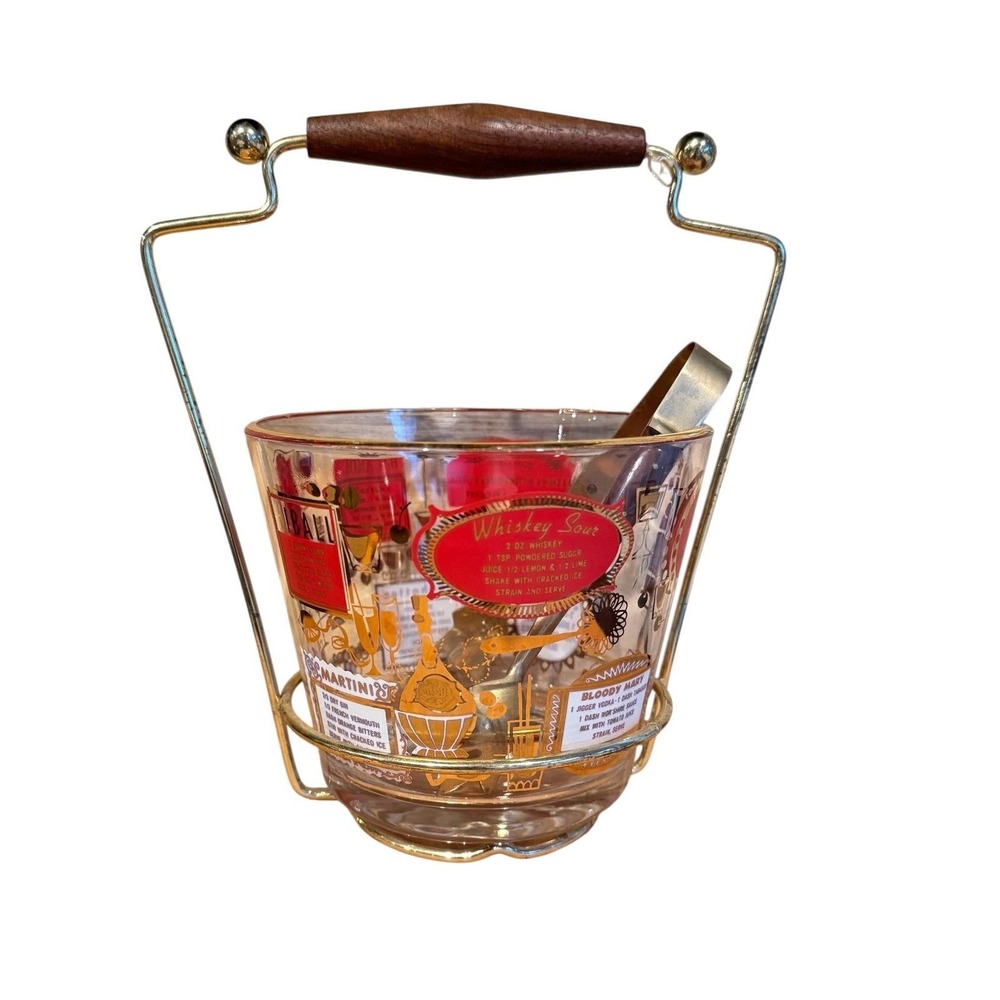Vintage Jeannette MCM Glass Ice Bucket Gold Cocktail Recipes Brass Caddy & Tongs